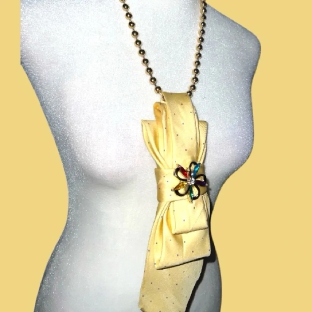 “Dainty Dapper”cute Yellow Necklace tie necklace with colorful dots and brooch